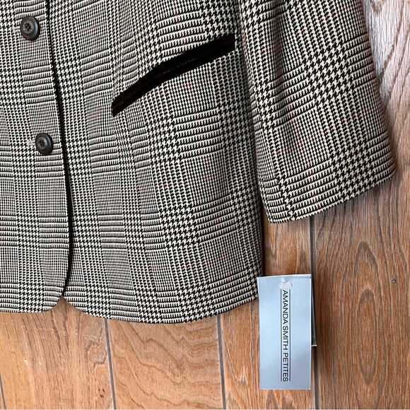 Amanda Smith Petites Preppy Houndstooth Plaid Boxy Blazer Velvet Trim Wool Blend - Picture 4 of 16